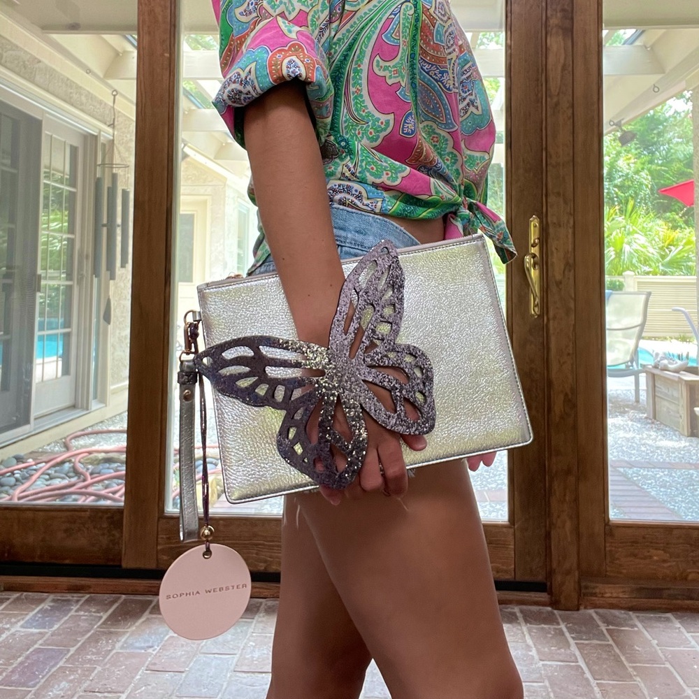 Sophia Webster Flossy Glitter Butterfly Pouchette Silver & Silver Glitter Clutch